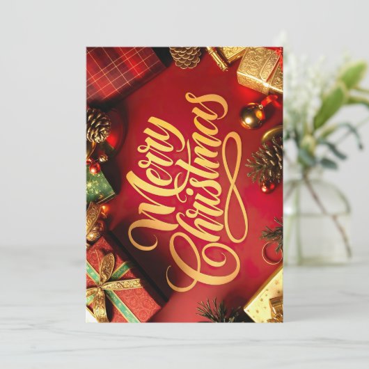 "Merry Christmas" Schrift mit Geschenken & Zapfen 招待状 (スタンド正面)
