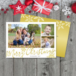 Merry Christmas Script 3-photo Snowflaks on金ゴールド シーズンカード