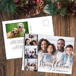 Merry Christmas Script 5写真 シーズンポストカード<br><div class="desc">写真モダンを3枚の正方形の写真のフィルム状のストリップと重ね合わせた休日はがきカード、フェスティバルのスクリプトの「Merry Christmas」とタイポグラフィのであなたの名前シンプル。5番目の写真と季節のメッセージを後ろカスタマイズに追加する。</div>