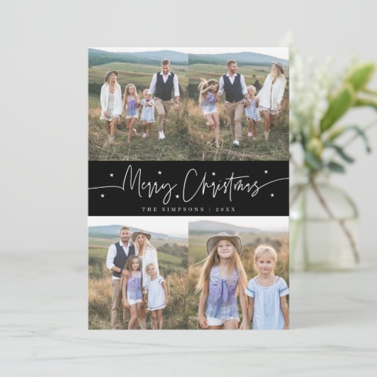 Merry Christmas Script Black Multi Photo シーズンカード (スタンド正面)