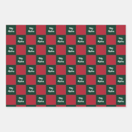 Merry Christmas Script Green and Red Checkerboard ラッピングペーパーシート