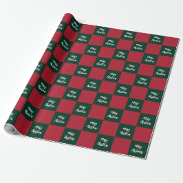 Merry Christmas Script Green and Red Checkerboard ラッピングペーパー