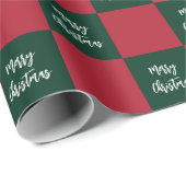 Merry Christmas Script Green and Red Checkerboard ラッピングペーパー (ロールコーナー)