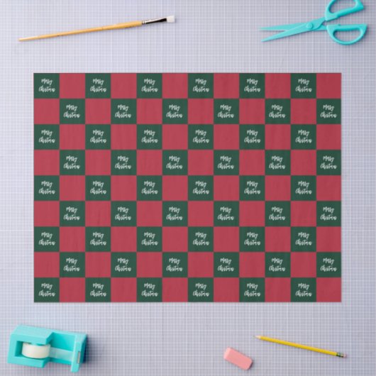 Merry Christmas Script Green and Red Checkerboard 薄葉紙 (クラフト)