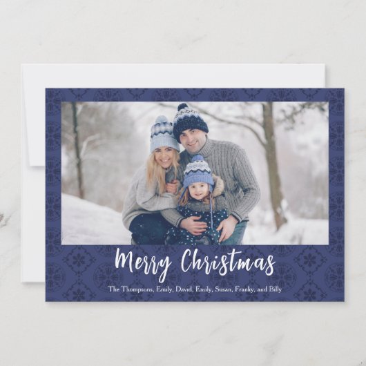 Merry Christmas Script Navy Blue Snowflake 2 Photo シーズンカード (正面)