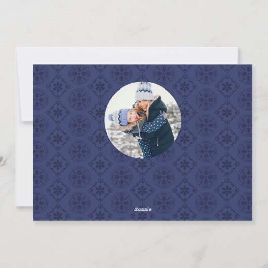 Merry Christmas Script Navy Blue Snowflake 2 Photo シーズンカード (裏面)