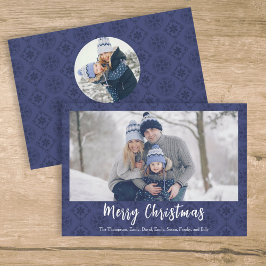 Merry Christmas Script Navy Blue Snowflake 2 Photo シーズンカード