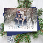 Merry Christmas Script Navy Blue Snowflake 4 Photo シーズンカード<br><div class="desc">a simple Joyful script in a simple calligraphy style. This Christmas Photo Card has a white border with a blurred feathered effect and the word Joyful is cutout. Your photo or picture fits underneath this graphic to create an overlapped effect. Christmas holiday merry Christmas 1 photo snowflake, navy blue winter...</div>