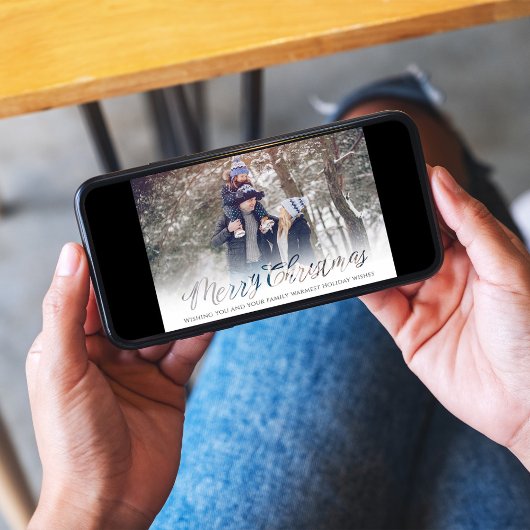 Merry Christmas Script Navy Blue Snowflake 4 Photo シーズンカード