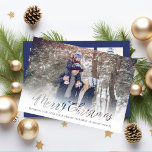 Merry Christmas Script Navy Blue Snowflake 4 Photo シーズンカード<br><div class="desc">a simple Joyful script in a simple calligraphy style. This Christmas Photo Card has a white border with a blurred feathered effect and the word Joyful is cutout. Your photo or picture fits underneath this graphic to create an overlapped effect. Christmas holiday merry Christmas 1 photo snowflake, navy blue winter...</div>