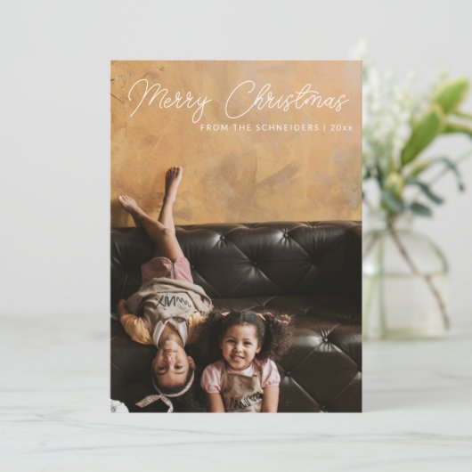 Merry Christmas Script Overlay Vertical Photo シーズンカード (スタンド正面)