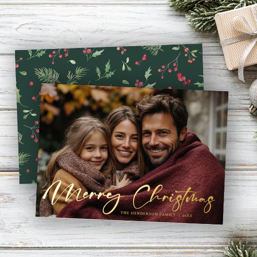 Merry Christmas Script Photo Foil Holiday Card 箔シーズンカード