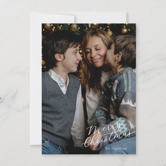 Merry Christmas Script Photo Navy Twinkle シーズンカード (正面)