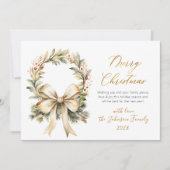 Merry Christmas Script Watercolor Gold Bow Wreath  シーズンカード (正面)