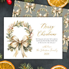 Merry Christmas Script Watercolor Gold Bow Wreath  シーズンカード