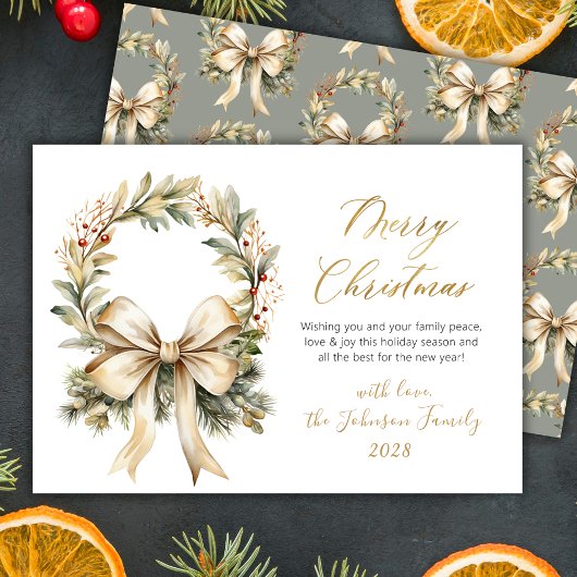 Merry Christmas Script Watercolor Gold Bow Wreath  シーズンカード