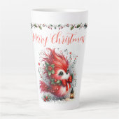 Merry Christmas Script with Whimsical Holiday Bird カフェラテマグ (正面)