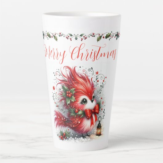 Merry Christmas Script with Whimsical Holiday Bird カフェラテマグ (正面)