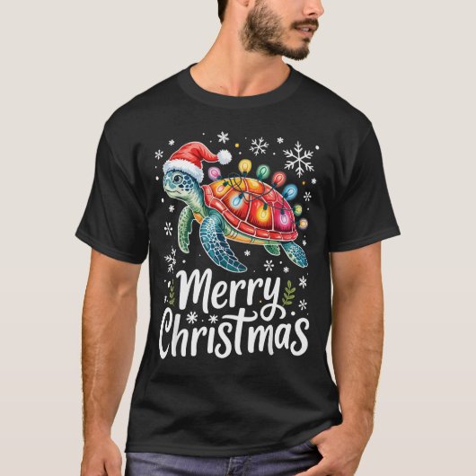 Merry Christmas Sea Turtle Christmas Lights Santa  Tシャツ (正面)