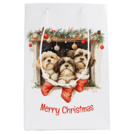 Merry Christmas Shih Tzu Dogs ミディアムペーパーバッグ
