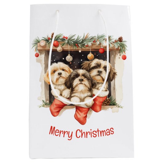 Merry Christmas Shih Tzu Dogs ミディアムペーパーバッグ (正面)