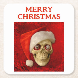 Merry Christmas. Skull wearing Santa hat スクエアペーパーコースター