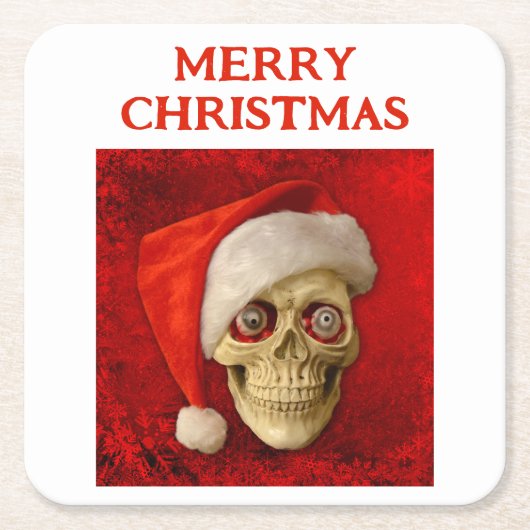 Merry Christmas. Skull wearing Santa hat スクエアペーパーコースター (正面)