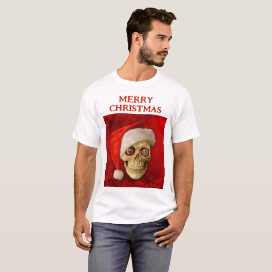 Merry Christmas. Skull wearing Santa hat Tシャツ (正面フル)