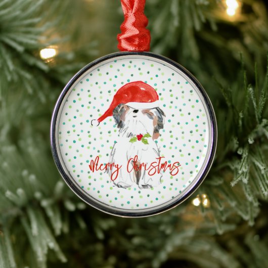 Merry Christmas Small Dog Festive Santa Hat Holly メタルオーナメント (ツリー)
