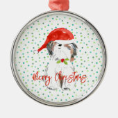 Merry Christmas Small Dog Festive Santa Hat Holly メタルオーナメント (正面)
