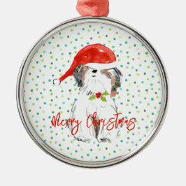 Merry Christmas Small Dog Festive Santa Hat Holly メタルオーナメント