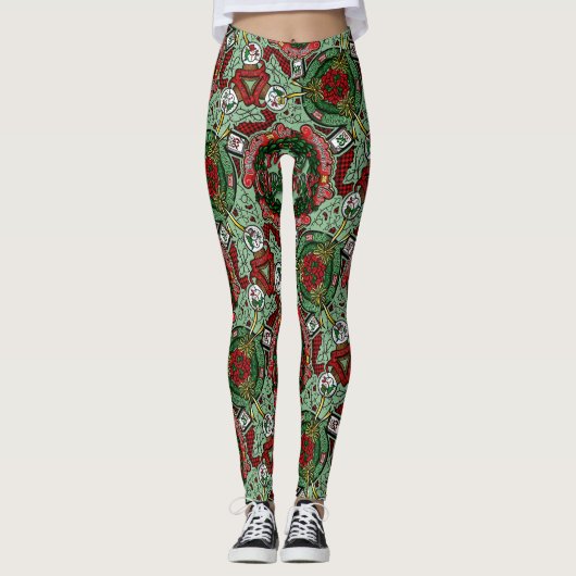 Merry Christmas Snow Globe, Wreath Leggings レギンス (正面)