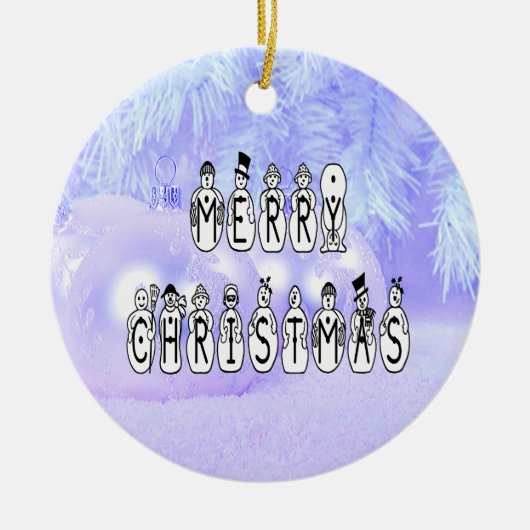 Merry Christmas Snow People Font, Blue Tint Snow セラミックオーナメント (正面)