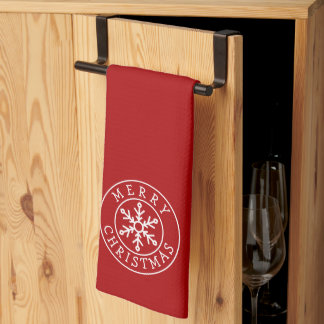 Merry Christmas Snowflake on Bright Red キッチンタオル