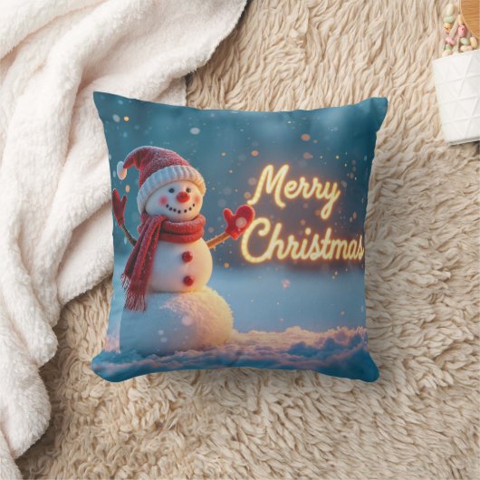 Merry Christmas Snowman with Neon Sign クッション (ブランケット)
