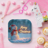 Merry Christmas Snowman with Neon Sign ペーパープレート (パーティー)