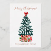 Merry Christmas Snowy Tree Rose Gold 箔シーズンカード (正面)