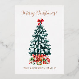 Merry Christmas Snowy Tree Rose Gold 箔シーズンカード