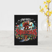 Merry Christmas Squatchmas Funny Bigfoot Snowboard カード (黄色い花)