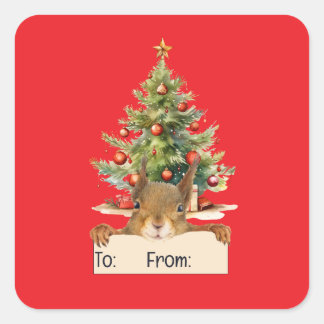 Merry Christmas Squirrel Christmas Tree To From スクエアシール