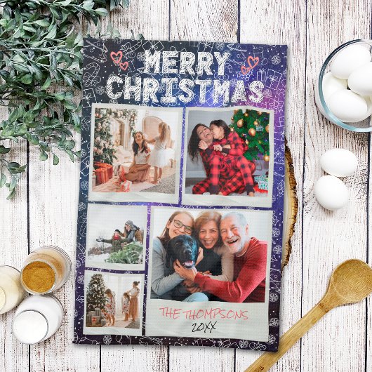 Merry Christmas Starry Night Doodle 5 Photo Family キッチンタオル