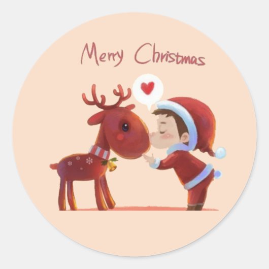 Merry Christmas Sticker – Santa & Reindeer Kiss –  ラウンドシール (正面)