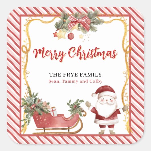Merry Christmas Stickers Santa Sleigh Custom Label スクエアシール (正面)