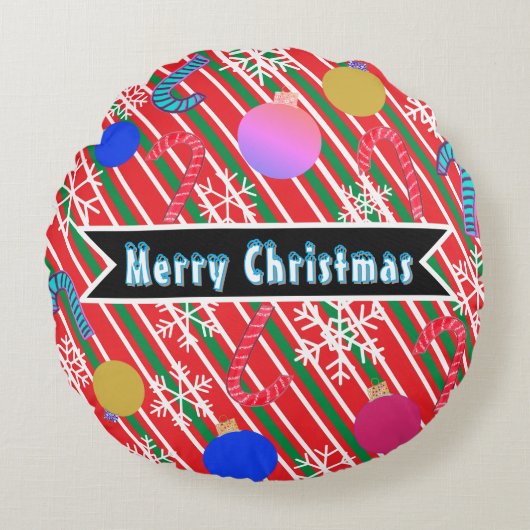 Merry Christmas Stripes Candy Canes Ornaments  ラウンドクッション (正面)