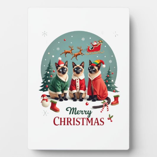 Merry Christmas Three Santa Elf Reindeer Siamese C フォトプラーク (正面)