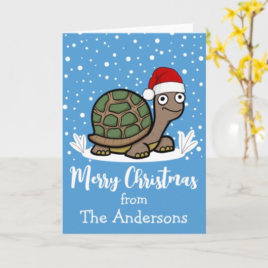 Merry Christmas Tortoise With Santa Hat Custom カード (黄色い花)