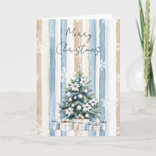 Merry Christmas Tree Blue Cream Floral Snowflakes カード (正面)
