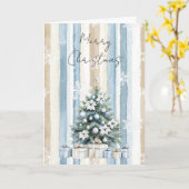 Merry Christmas Tree Blue Cream Floral Snowflakes カード (黄色い花)