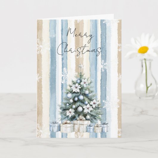 Merry Christmas Tree Blue Cream Floral Snowflakes カード (小さな植物)