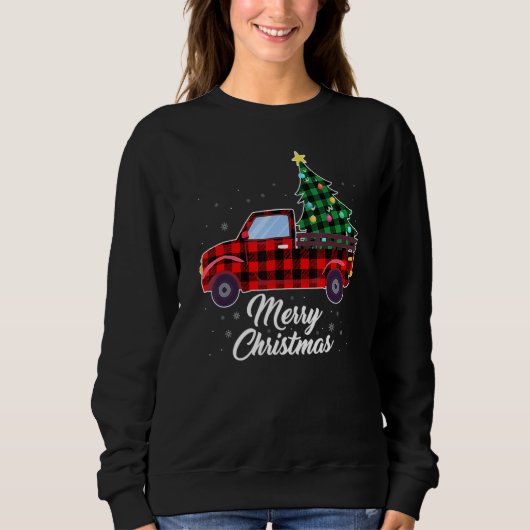 Merry Christmas Tree Buffalo Plaid Red Truck スウェットシャツ (正面)